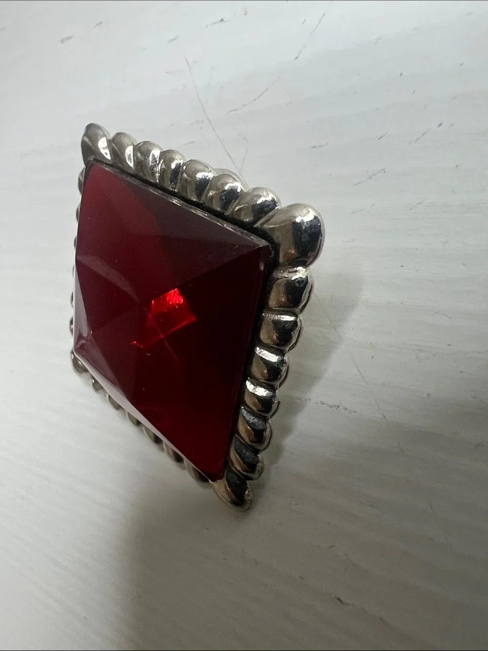 Vintage Square Red Faceted Stone Pin with Silver-Tone Bezel
